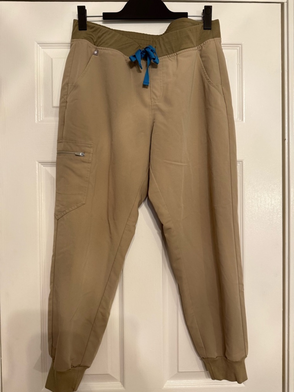 Figs Women's Khaki Jogger Pants with Olive Waistband and Blue Drawstring